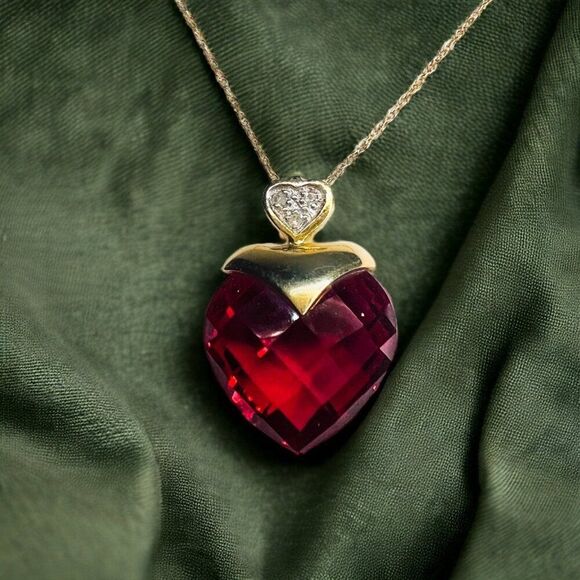 Ruby Necklace in 10k Yellow Gold 16" Ruby & Diamond Large Heart Briolette - 3g - Picture 10 of 10